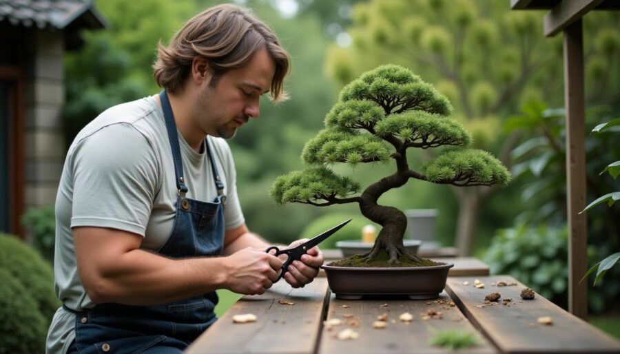 A person trimming a bonsai tree in a peaceful garden setting.