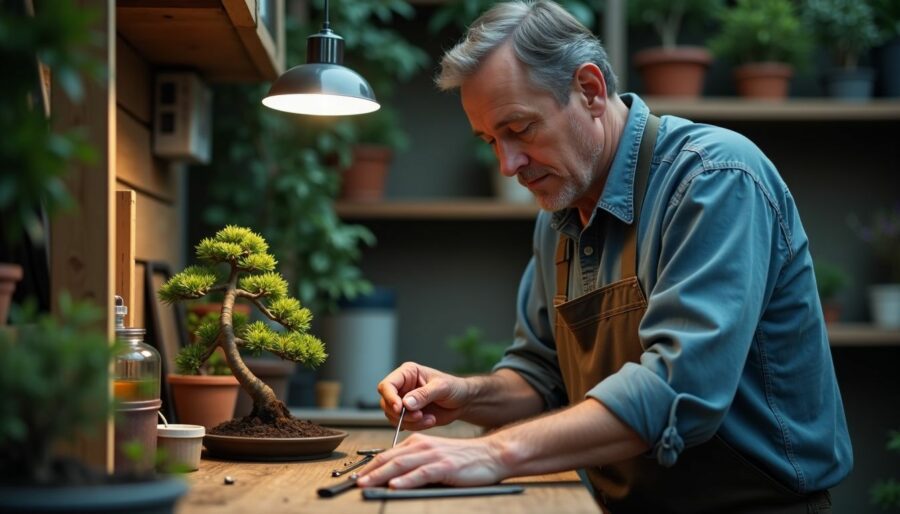 A person wipes down bonsai tools in a cluttered gardening shed.