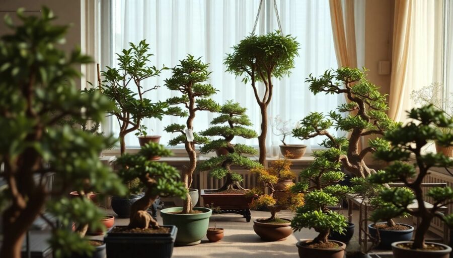 A diverse collection of bonsai trees in an indoor space.