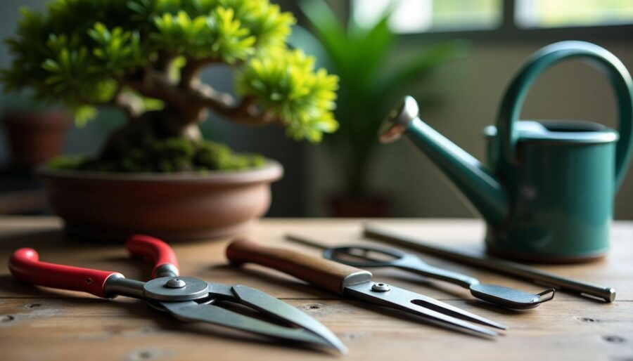 A collection of bonsai tools neatly arranged on a wooden table.