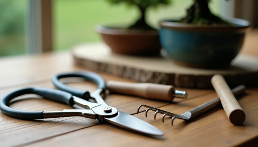 A wooden table with essential bonsai tools and a small bonsai tree in a pot.