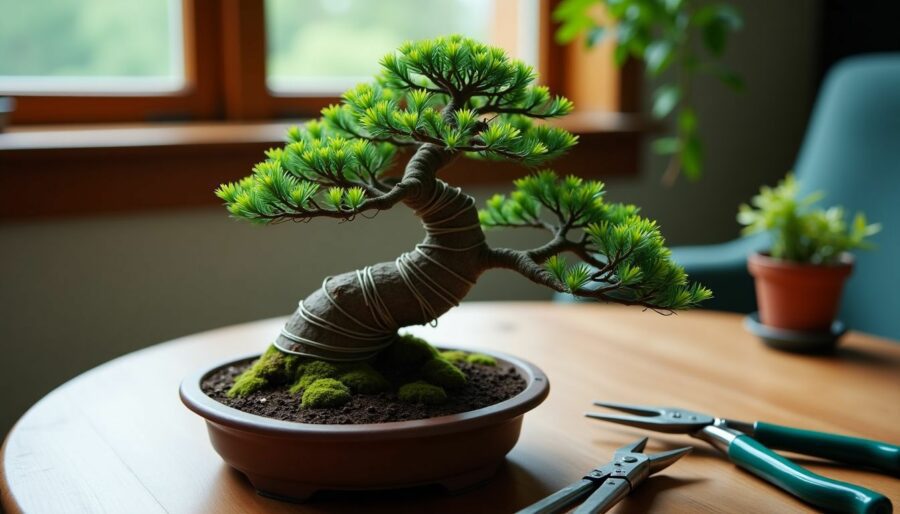 A bonsai tree being shaped with wire and ready for trimming.