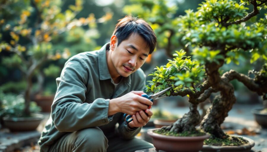 A person skillfully pruning bonsai trees in a quiet garden.