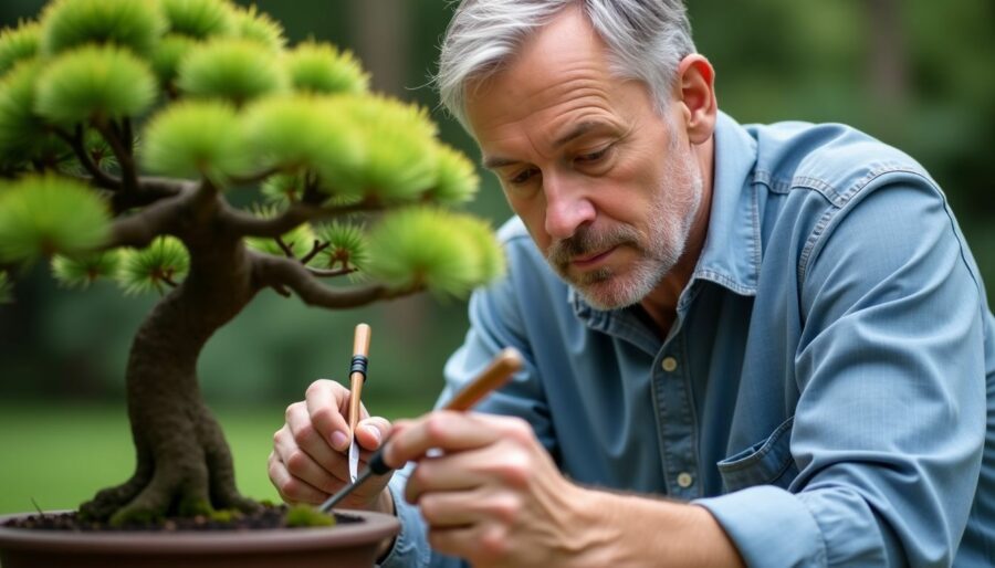 A man trimming a bonsai tree with precision tools in a garden.