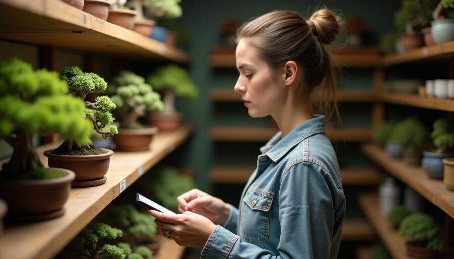 A woman examines bonsai tools and kits in a specialty store.